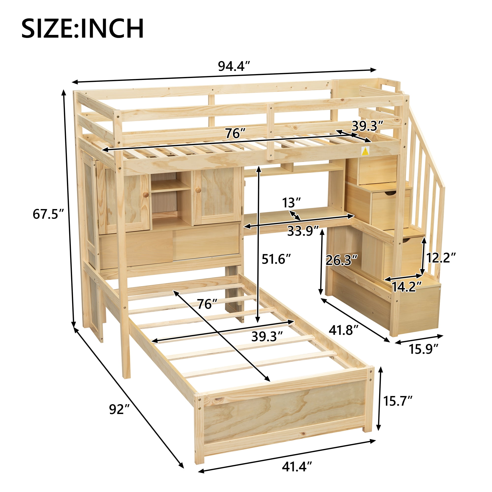 EUROCO Twin over Twin Bunk Bed with Desk and Shleves, Bookcase and Staircase for Kids Teens, Natural