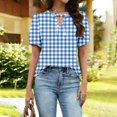 thumbnail image 6 of CIENVNSTG Plaid Tops for Women V Neck Short Sleeve Loose Tops Summer Casual Plaid Printed Tunic Shirts Daily Work Blouses Business Top Dark Blue S, 6 of 6