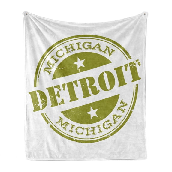 Detroit Soft Flannel Fleece Throw Blanket, Aged Grunge Detroit Michigan Stamp Retro Design with Stars Tourism Travel, Cozy Plush for Indoor and Outdoor Use, 50" x 60", Olive Green White, by Ambesonne