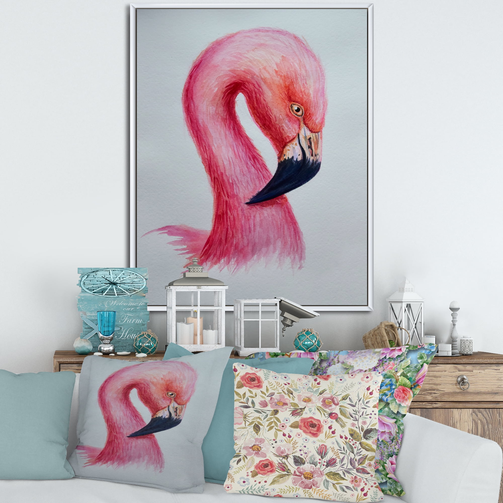 Designart 'Abstract Portrait of Pink Flamingo IV' Farmhouse Framed Canvas Wall Art Print