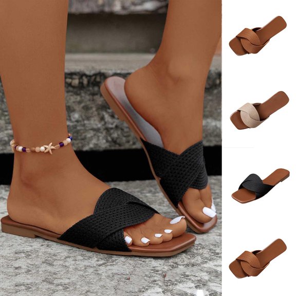 Hinvhai Women's Beach Sandals Flat Shoes Square Toe Open Toe Slip on Woven Style Suitable for Daily Casual Wear, Vacation, Travel, Work Khaki 9.5(43)