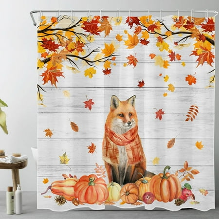 HVEST Vintage Farmhouse Fall Shower Curtain for Bathroom Funny Fox and Harvest Pumpkin Orange Maple Leaf Bathroom Shower Curtains with Hooks, Rustic Grey Wood Bathroom Curtains Shower Set 69x70 inch