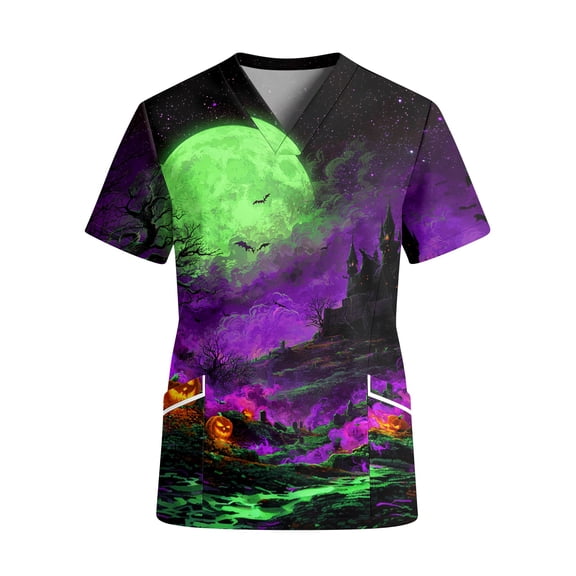 Halloween Scrub Tops for Women, Pumpkin Skeleton Graphic V Neck Short Sleeve 4 Way Stretch Nurse Work Wear