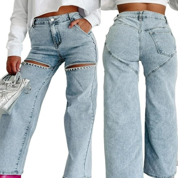 LYMAYTER Wide Leg Jeans for Women Casual Loose Ripped Jeans Rhinestone Trim Bling Denim Pants S-XL