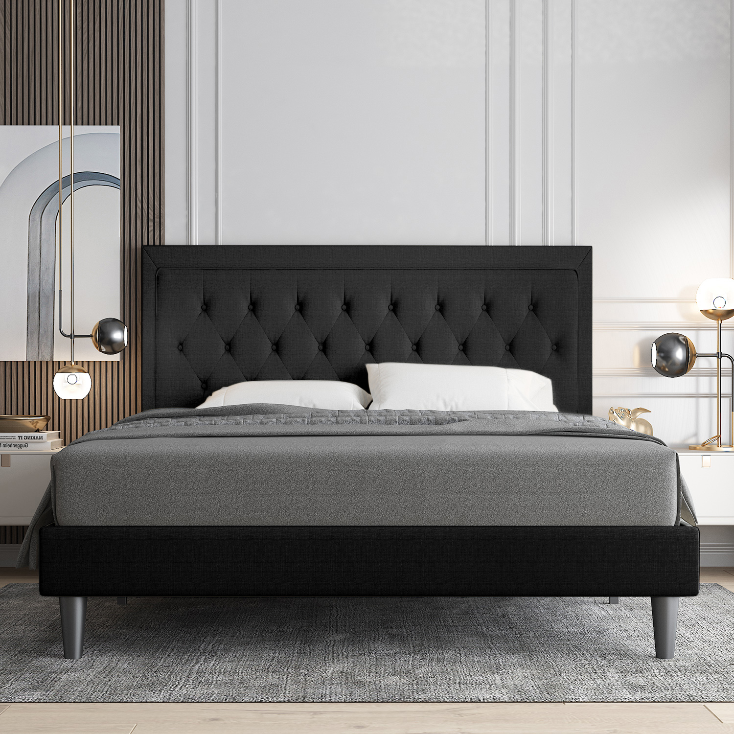 Allewie Full Size Upholstered Platform Bed Frame with Adjustable Headboard, Button Tufted, Wood Slat Support, Easy Assembly, Black
