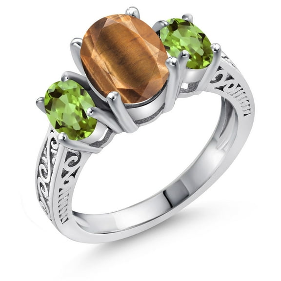 Gem Stone King 2.50 Ct Oval Brown Tiger Eye Green Peridot 925 Sterling Silver Ring (Size 7)