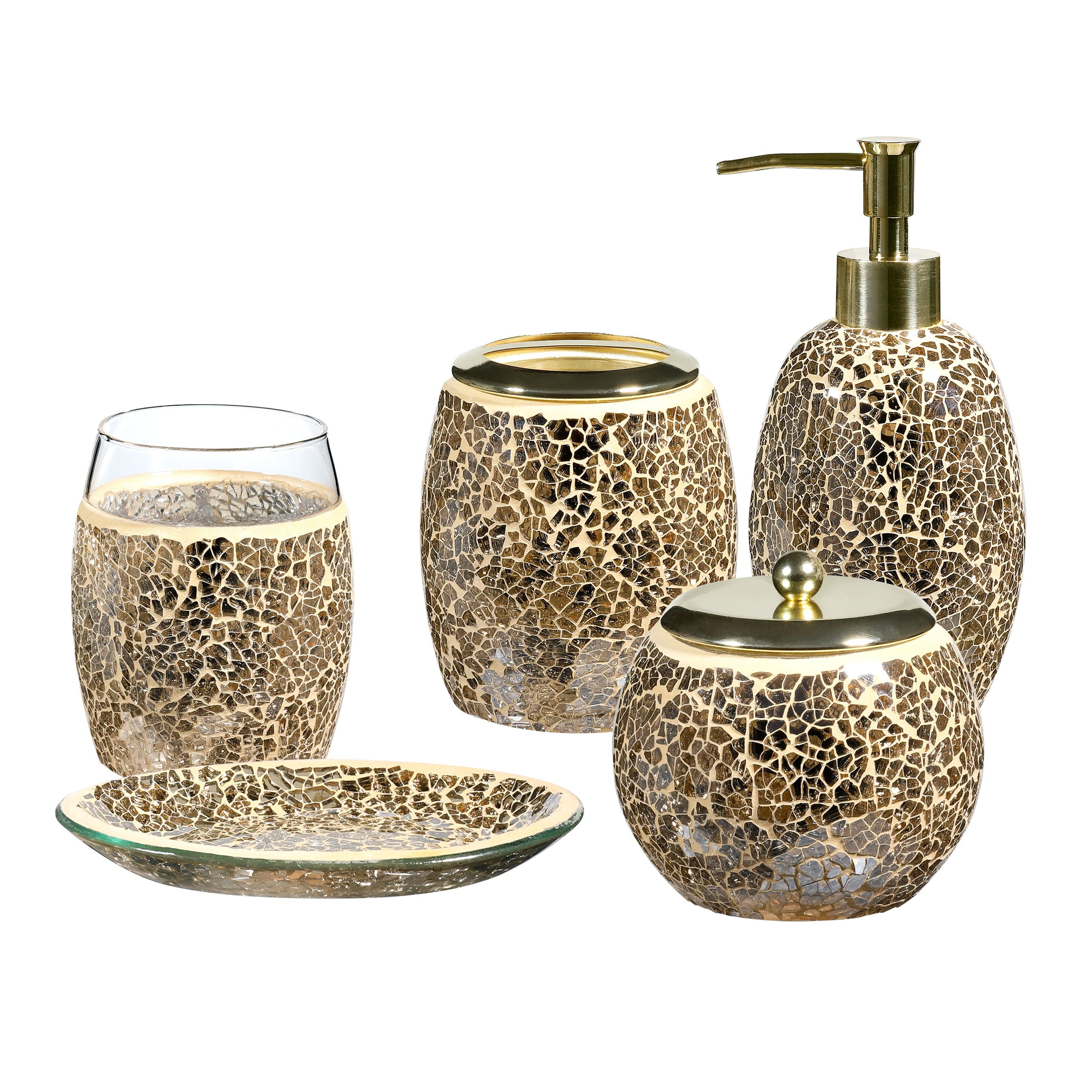 Bathroom Accessories 5-Piece Glass Mosaic Accessory Completes with Lotion Dispenser/Soap Pump, Cotton Jar, Soap Dish,Tumbler, Toothbrush Holder (Gold) - Walmart.com