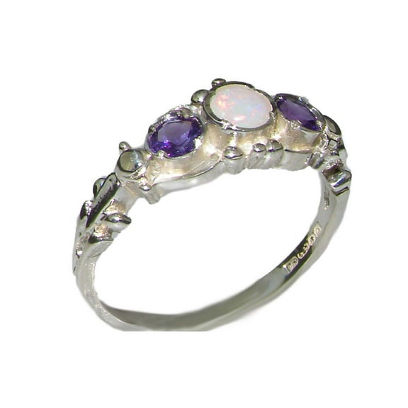 LBG British Made 925 Sterling Silver Natural Opal & Amethyst Womens Trilogy Ring - 33 size options - Sizes 4 to 12 Available