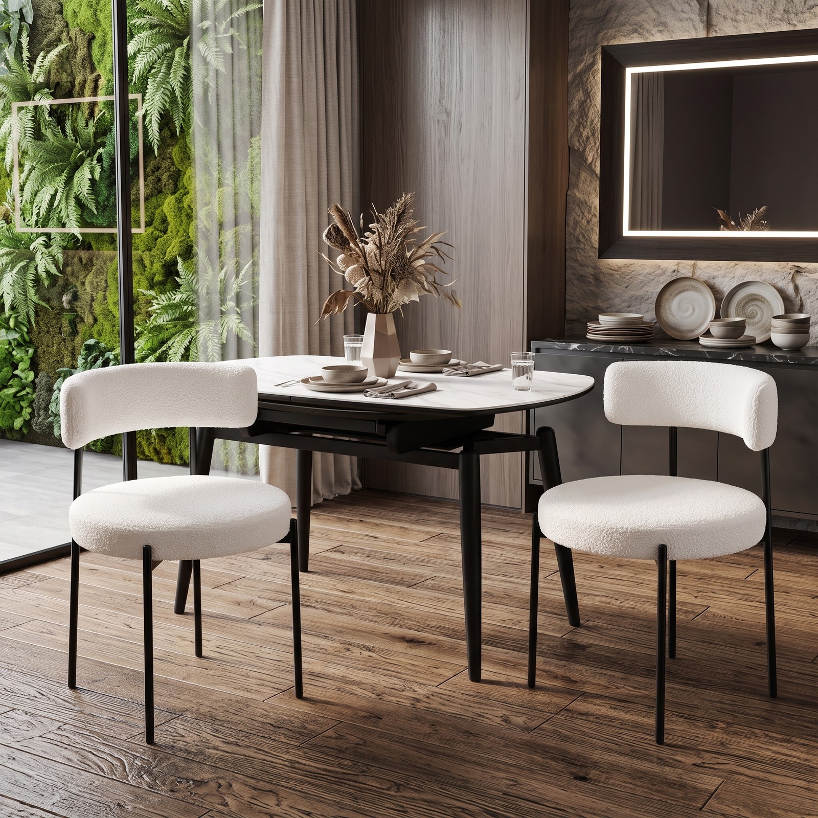 Furnibear Boucle Dining Chairs Set of 2, Upholstered Faux Sherpa Accent Side Chairs with Curved Backrest and Metal X-Legs for Kitchen Dining Room Living Room, White