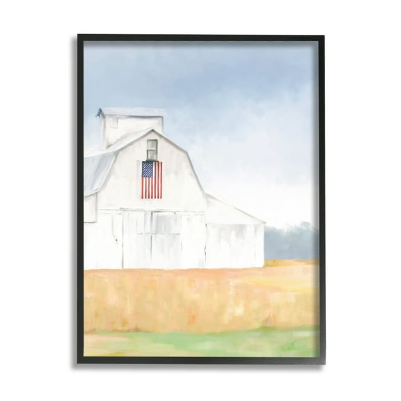Stupell Industries American Flag White Country Barn Rural Scenery Painting Black Framed Art Print Wall Art, Design by Amy Hall