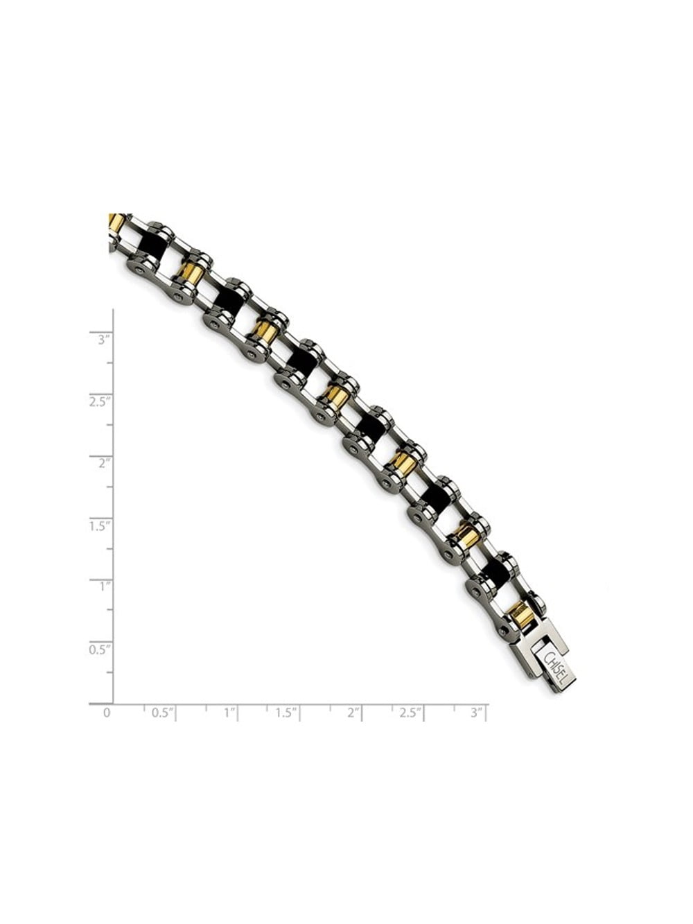 Stainless Steel Mens Gold Plated and Black Rubber Bracelet -- 8.75 inches for Men