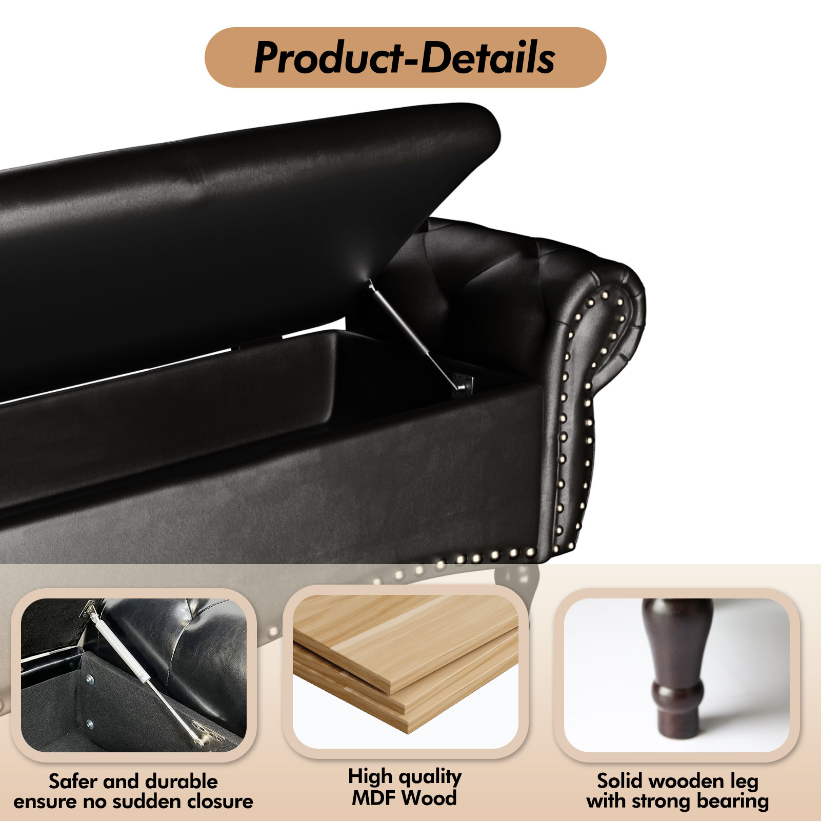 zzw 53" Upholstered Storage Ottoman Bench with Safety Hinge Lid and Tufted Fabric