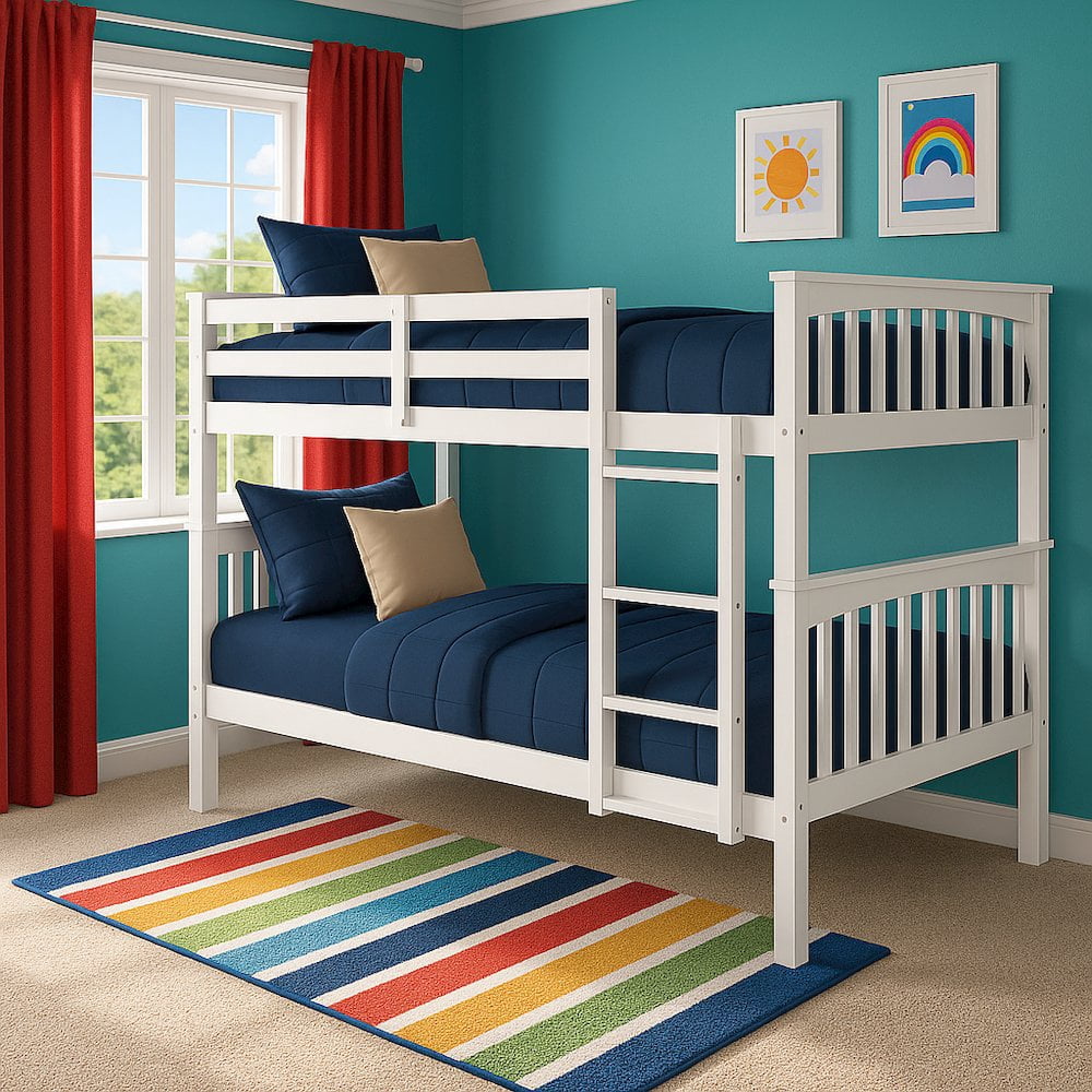 BR Wooden Kids Twin Over Twin Bunk Bed White