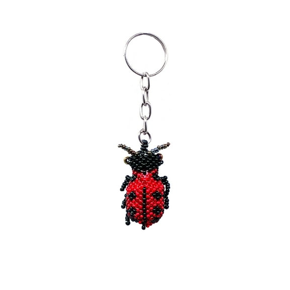 Ladybug Insect Czech Glass Seed Bead 3D Figurine Keychain Metal Ring - Handmade Gifts Boho Car Keys Bag Animal Accessories