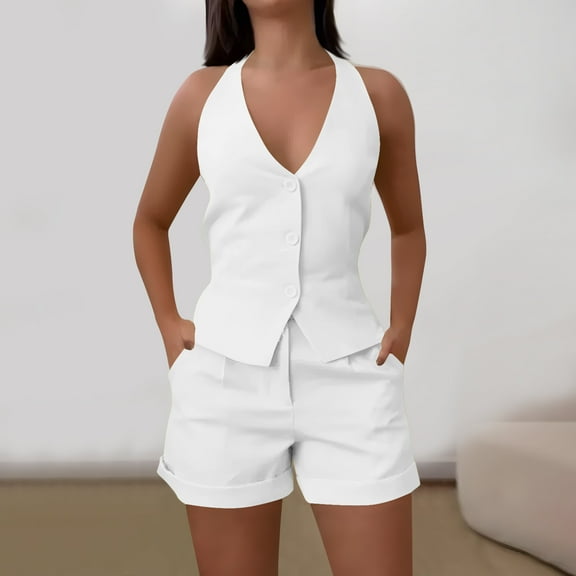 Nuoqisi Women's Summer 2 Piece Blazer Outfits Sleeveless Halter Vest Shorts Sets Work Casual Business Vacation Outfits 2026