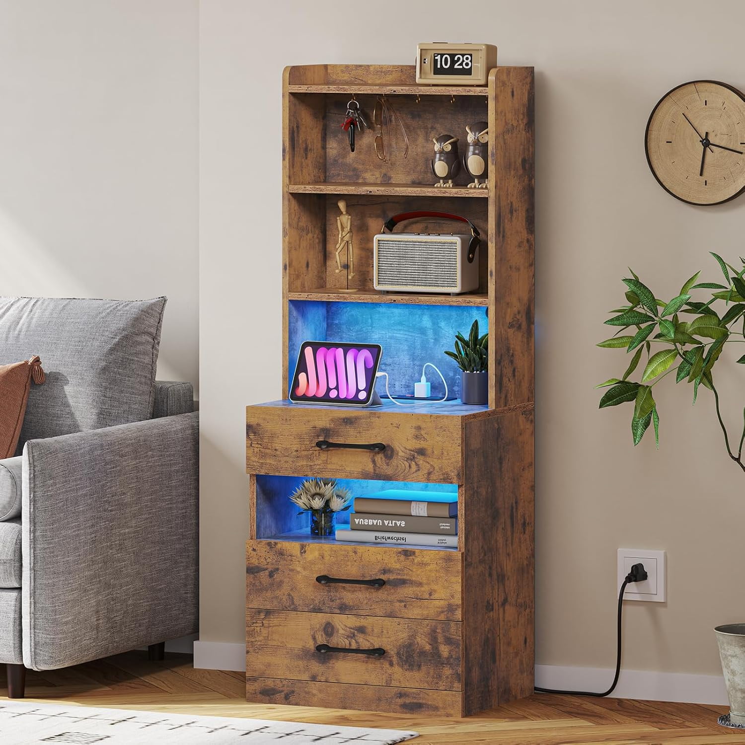 AOGLLATI 51.8in Tall Nightstand with Charging Station, LED Lights, Bookshelf, 3 Drawers, Bedside Table