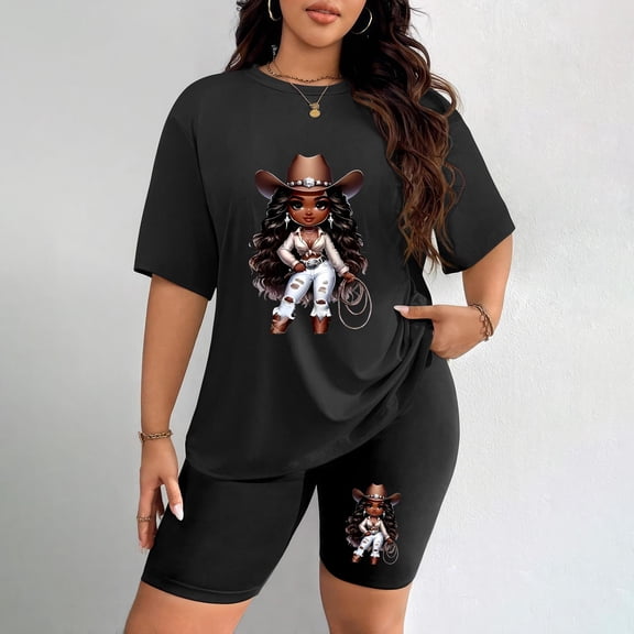 Women's Plus Size Cowgirl Cartoon Print T-Shirt & Shorts Set