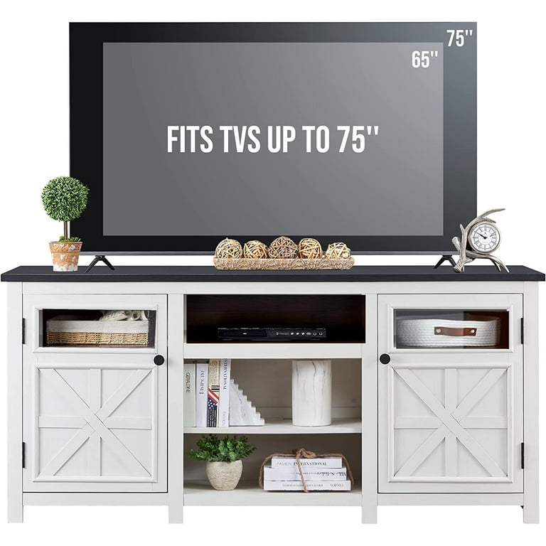 T4TREAM 66 Farmhouse TV Stand for 75 inch TV, Modern Entertainment Center  with Storage Cabinets and Barn Door, White