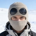 thumbnail image 7 of Unisex Winter Ski Beanie Hat with Goggles,Knitted Winter Balaclava for Cycling Skiing, Outdoor Knit Beanie Hat Cold Weather Windproof Face Cover with Flip-Up Visor(Beige), 7 of 7