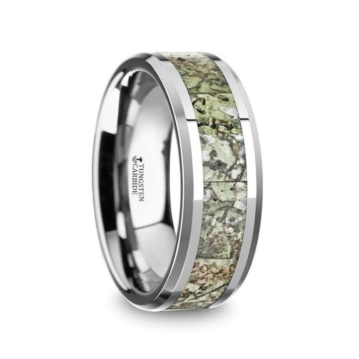 Thorsten TARGARYEN Tungsten Wedding Band Green Dinosaur Bone Inlay & Beveled Edges - 8mm Thorsten TARGARYEN Tungsten Wedding Band Green Dinosaur Bone Inlay & Beveled Edges - 8mm