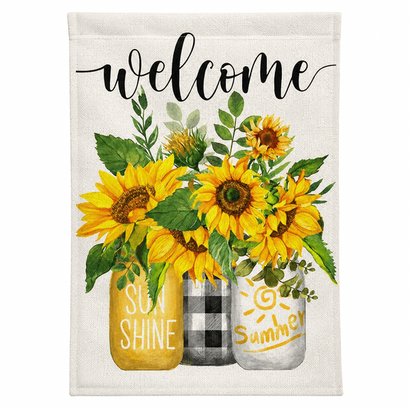 Summer Sunflower Mason Jar Garden Flag, 12 x 18 Inch Double-Sided Welcome Yard Banner, Burlap-Textured Outdoor Decor for Porch, Patio and Garden