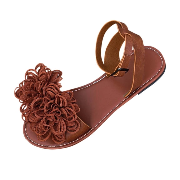 ShiShine Womens Slip On Flat Sandals 3D Floral Applique Open Toe Adjustable Ankle Strap Sandals