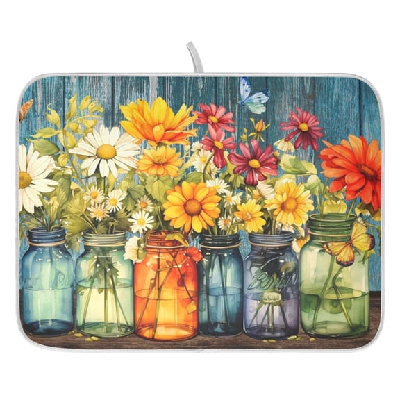 Dish Drying Mat for Kitchen Counter 16x18/18x24 Daisy Dish Absorbent Coffee Bar Mat Dish Drainer Rack Mat for Kitchen Counter
