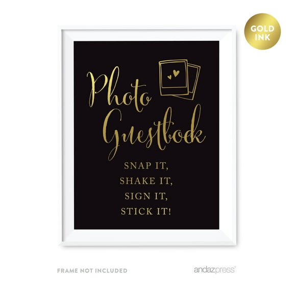 Photo Guestbook Snap It, Shake It, It, Stick It Black and Metallic Gold Wedding Signs