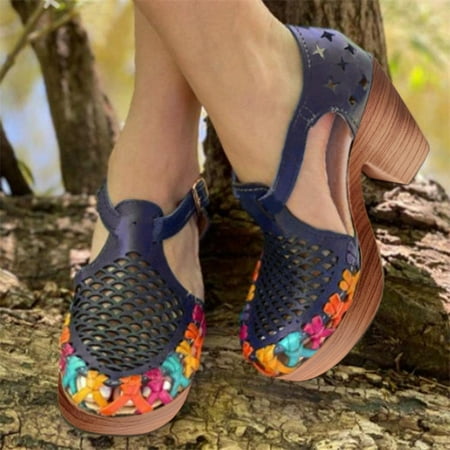 

〖Yilirongyumm〗 Blue 40 Sandals Women Round Summer Sandals Retro Heel Head Fashion Thick Hollow Women s Buckle Women s Sandals
