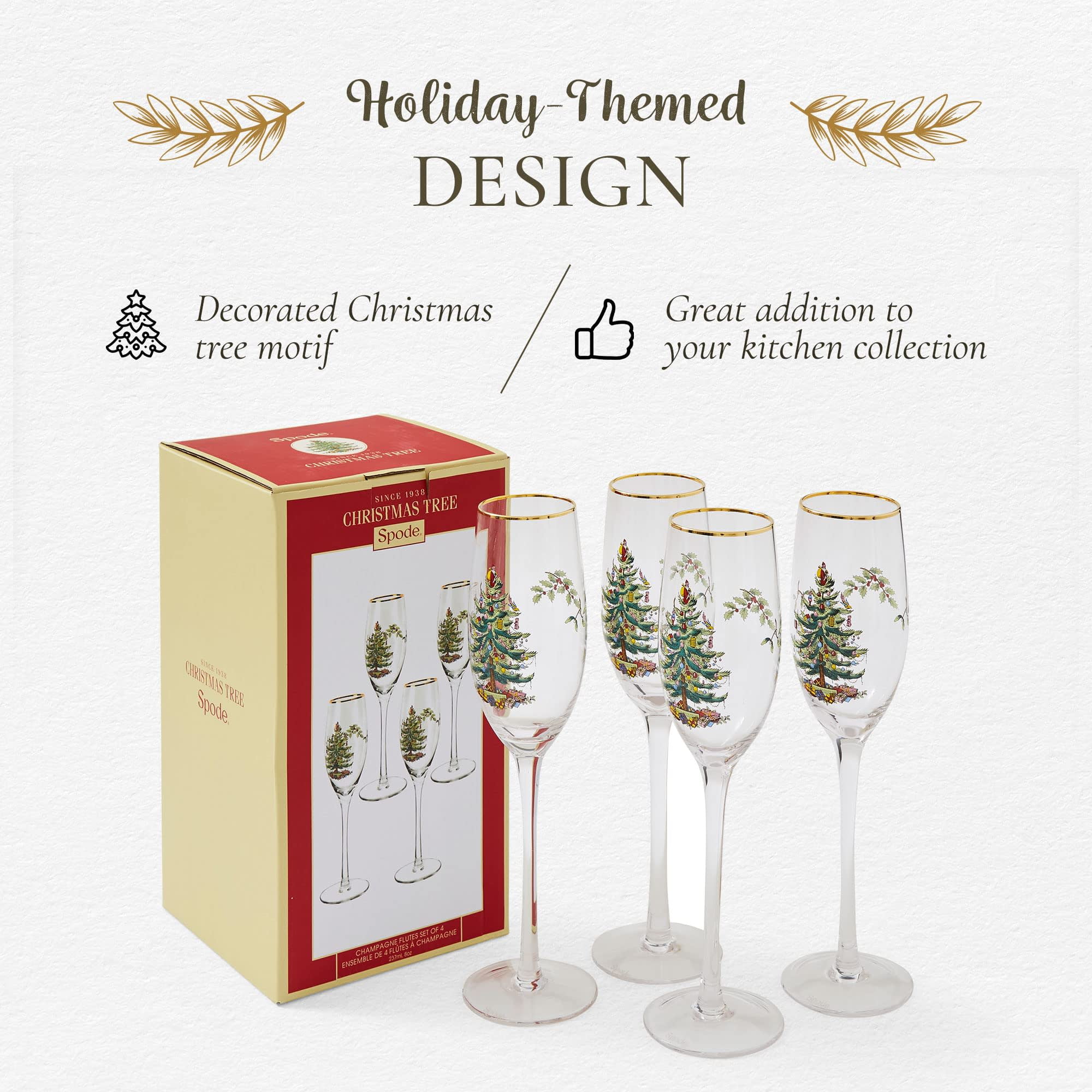 Spode Christmas Tree Gold 8.5oz Champagne Flutes (Set of 4) - Gold Rimmed Glasses, Festive Holiday Drinkware for Christmas Dinner, Wedding Gifts - Classic Holiday Glassware for Wine & Minosas