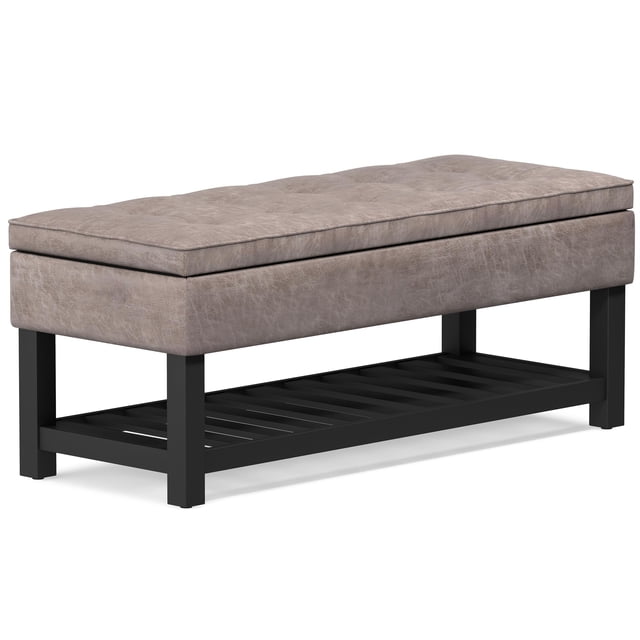 SIMPLIHOME Cosmopolitan 44 inch Wide Rectangle Ottoman Bench with Open Bottom in Distressed Grey Taupe Tufted Footrest Stool-, Faux Leather for Living Room, Bedroom, Transitional
