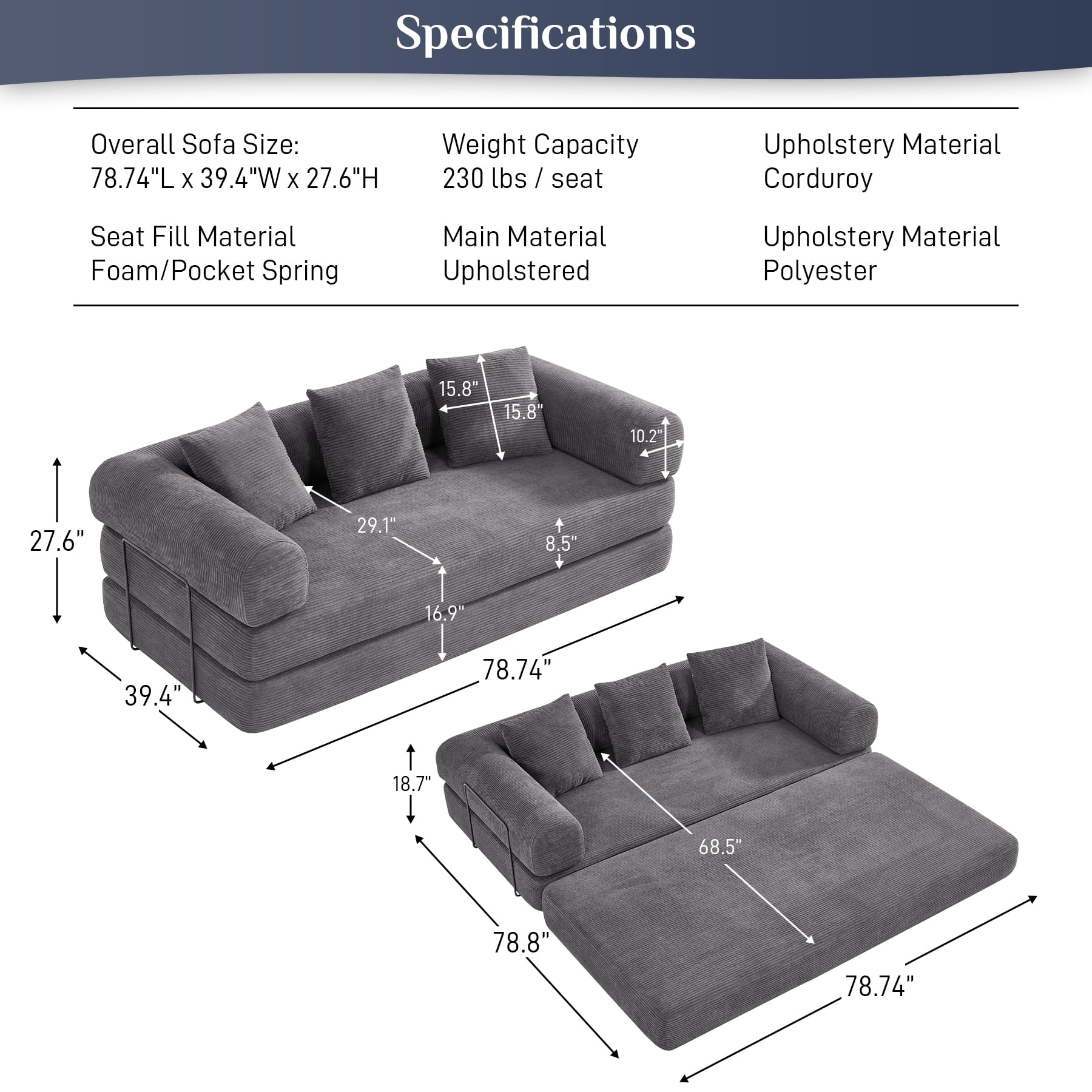 Wiilayok 78.5" Convertible Sofa Bed,Modular Corduroy Futon Sofa Couch with Pillow, 3 Seater Sofa for Living Room, Bedroom,Gray
