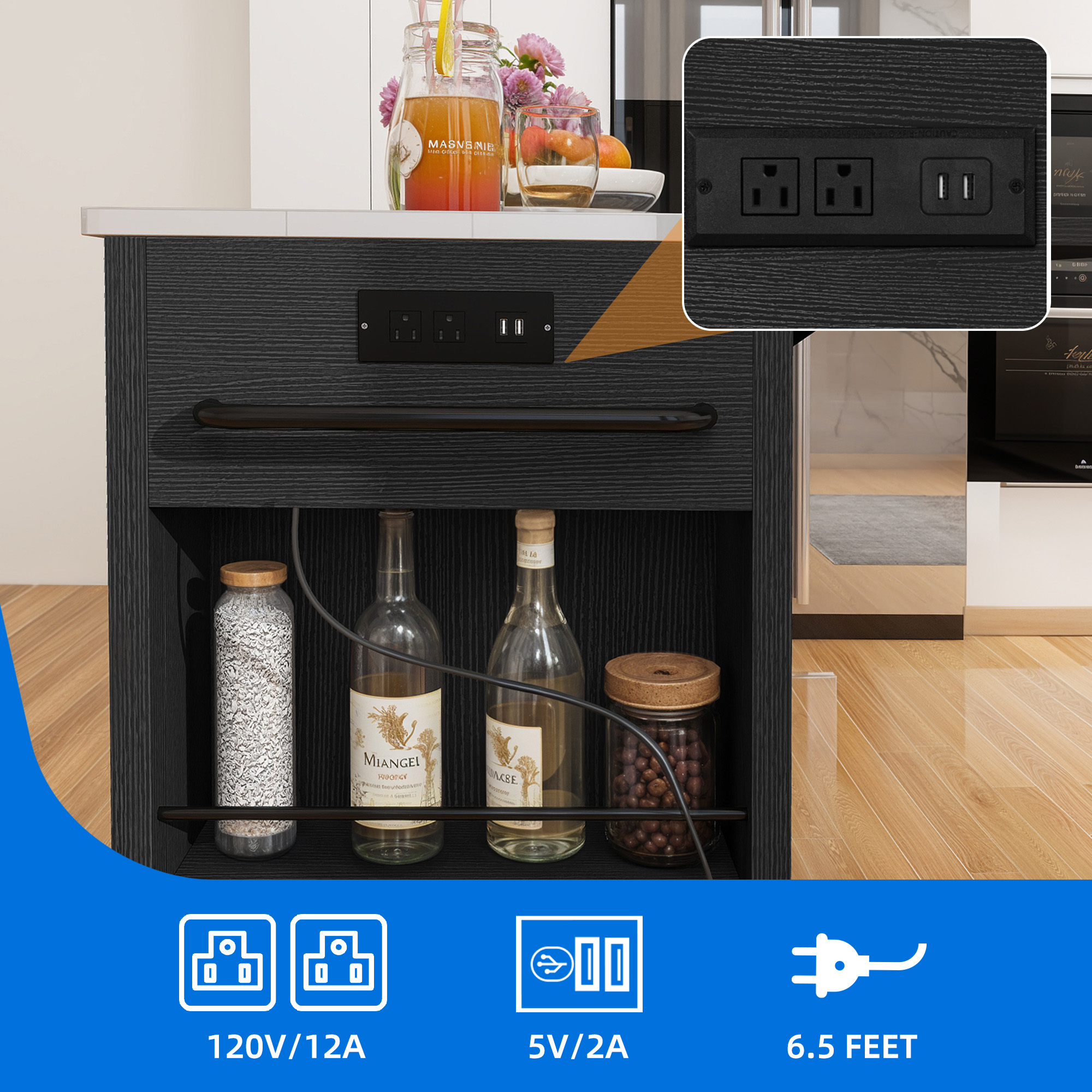 Dextrus Kitchen Island Cart with Storage & Drop Leaf, Kitchen Island Table with Power Outlets, Black