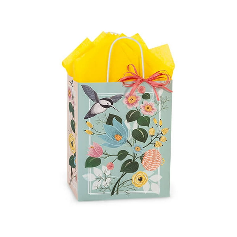 Hummingbird Floral Paper Shopping Bags, Cub 8.25x4.75x10.5, 25 Pack 