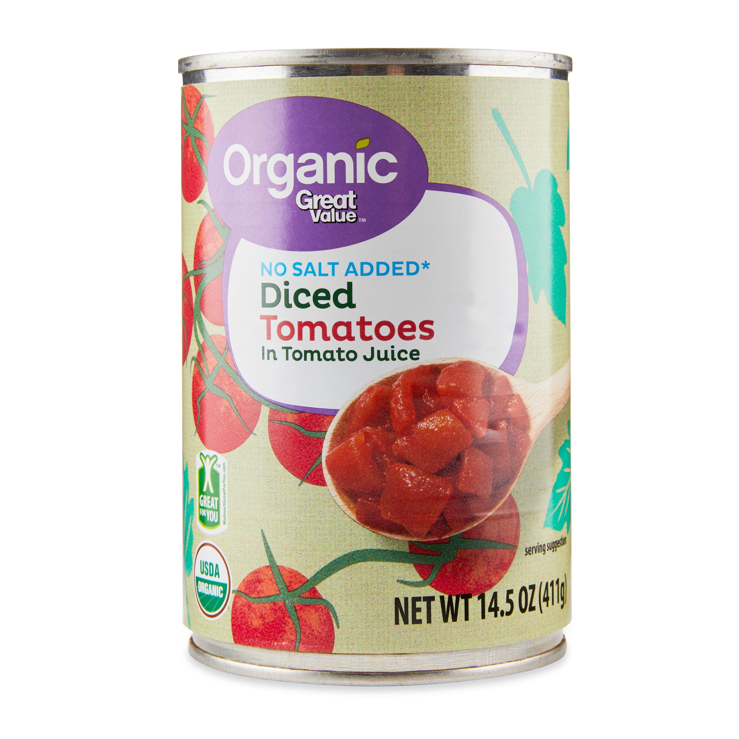Great Value Organic No Salt Added Diced Tomatoes, 14.5 oz