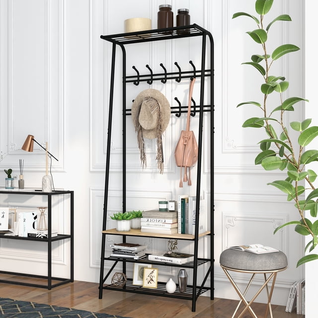 CazToi 4-in-1 Multifunctional Coat Rack Shoe Bench with Storage Hall Tree Entryway Organizer 10 Hooks