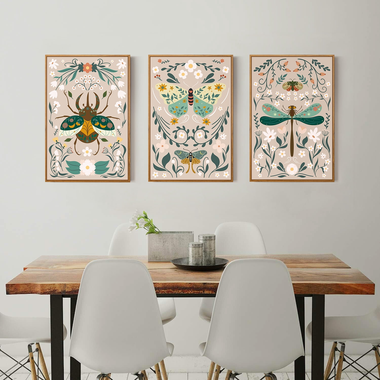 Monarch Butterfly Animals Framed Canvas Wall Art Set, Floral Botanical Bee Wall Decor, Mid Century Modern Wall Painting, Boho Nature Art Print for Living Room Kids Bedroom Office 16"x24"x3