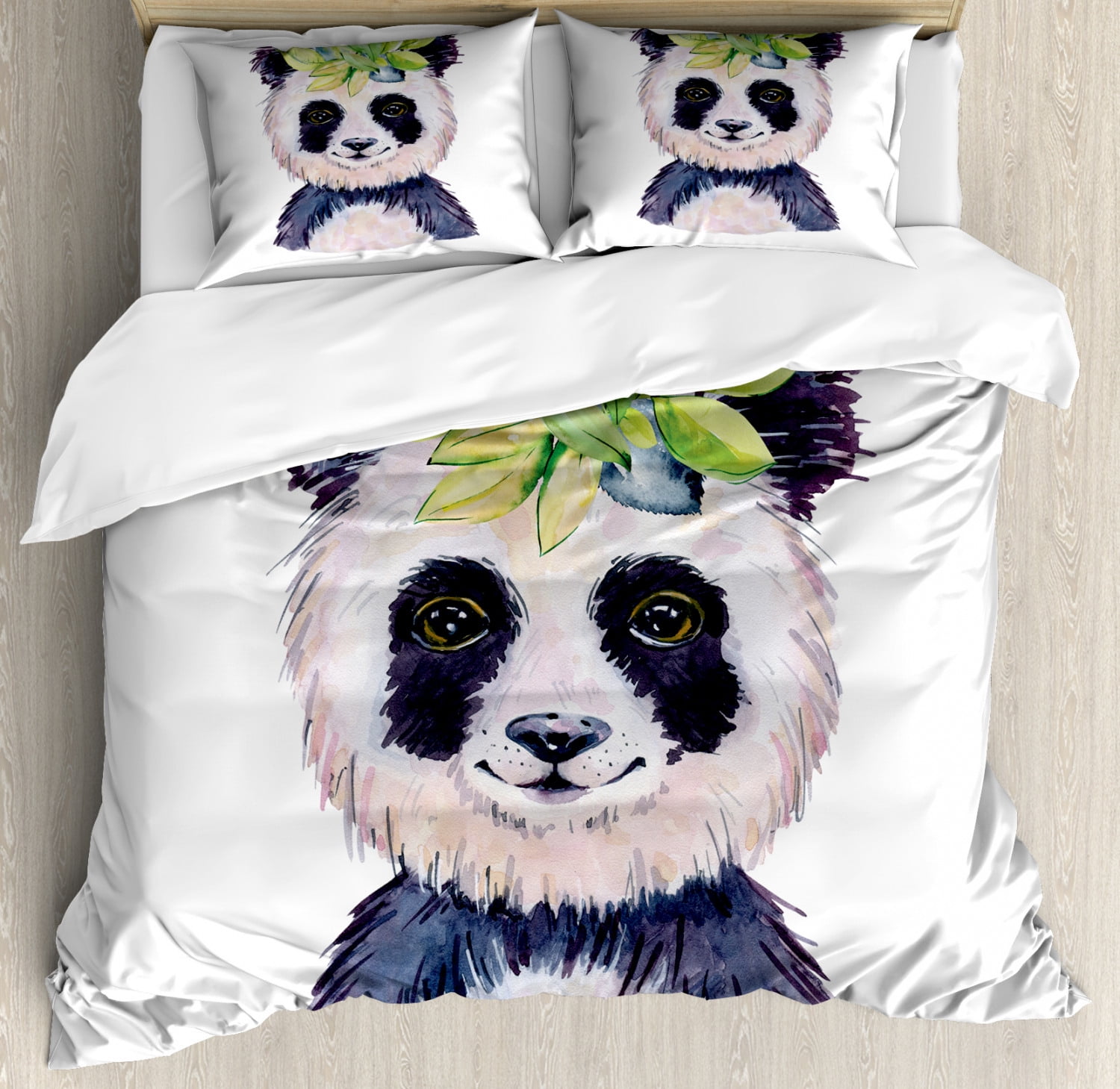 Panda Duvet Cover Set Queen Size, Watercolor Style Illustration of a