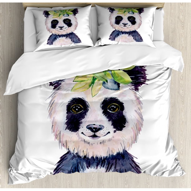 Panda Duvet Cover Set, Watercolor Style Illustration of a Funny Animal