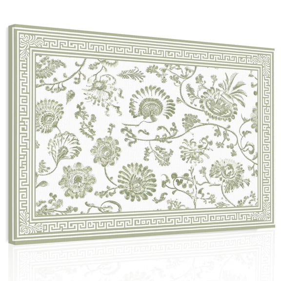 Sage Green Flowers Canvas Print Wall Art, Floral Geometric Classic Traditional Border Wall Decor Modern Artwork Paintings Pictures for Living Room Framed and Stretched Ready to Hang 12" x 16"