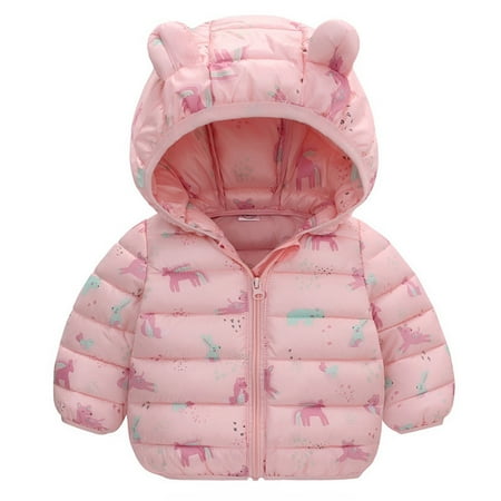 

QWERTYU Toddler Baby Child Children Kids Boy Girl Ears Fall Winter Puffer Jacket Cartoon Print Long Sleeve Padded Outerwear Hooded Zip Up Coat 1Y-5Y
