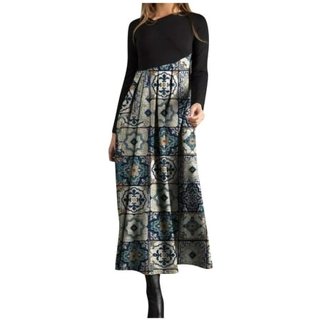 EQWLJWE Fall Dresses for Women 2022 Women Autumn And Winter Casual Slim Long-Sleeved Long Bohemian Printed Dress, Fall Dresses For Women