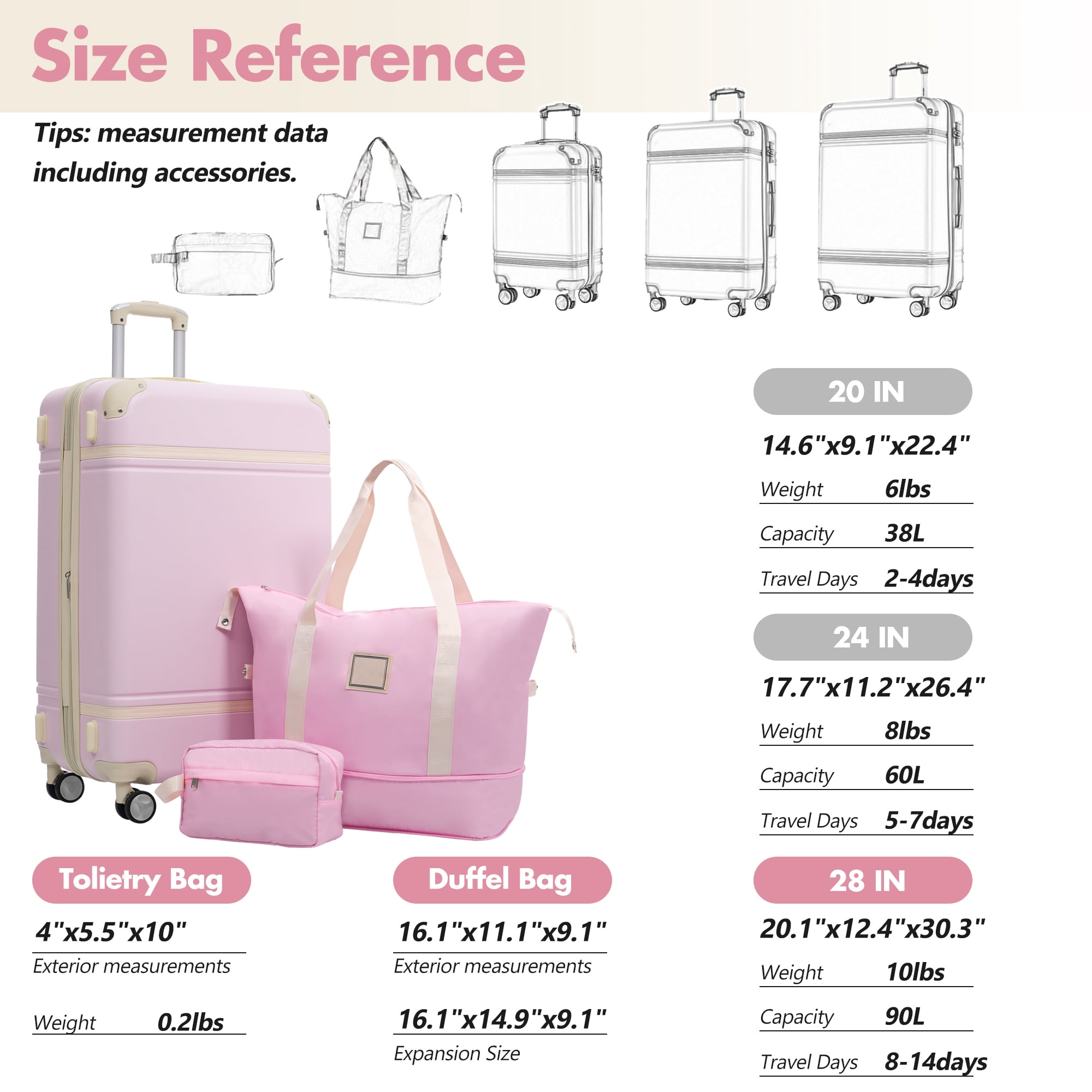 Euroco 3-Piece Luggage Sets, 28" Hardside Checked Luggage with 2 Bags,TSA Lock and Spinner Wheels,Vintage Large Lightweight Suitcase for Travel,Light Pink