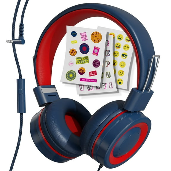 MYZI Kids Wired Headphones with Mic, 85dB Safe Volume, Stickers Included – Blue
