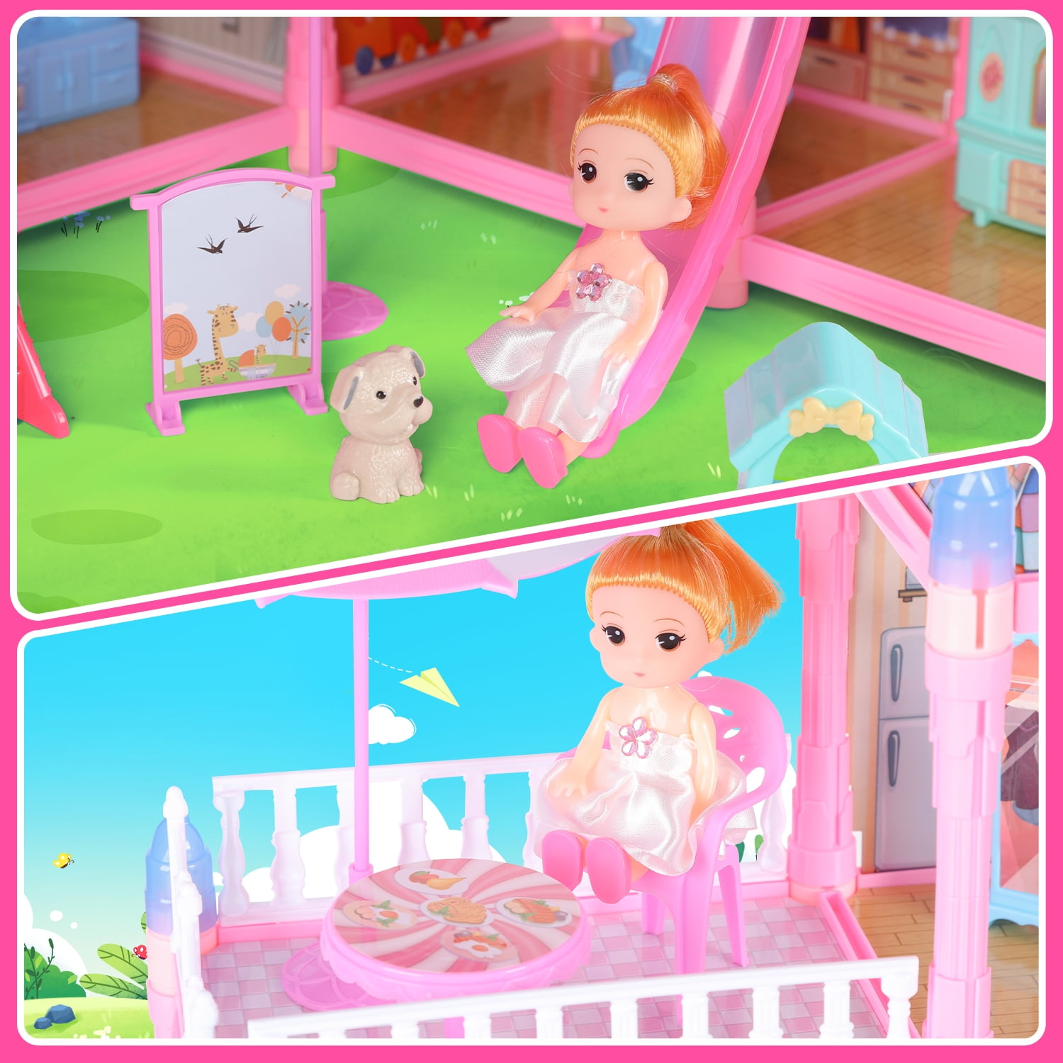 JoyStone 10 Rooms DollHouse, Huge Dollhouse Playset with LED Lights, Dolls, Furnitures, Accessories with Play Mat DIY Pretend Play Toys Gifts for Kids