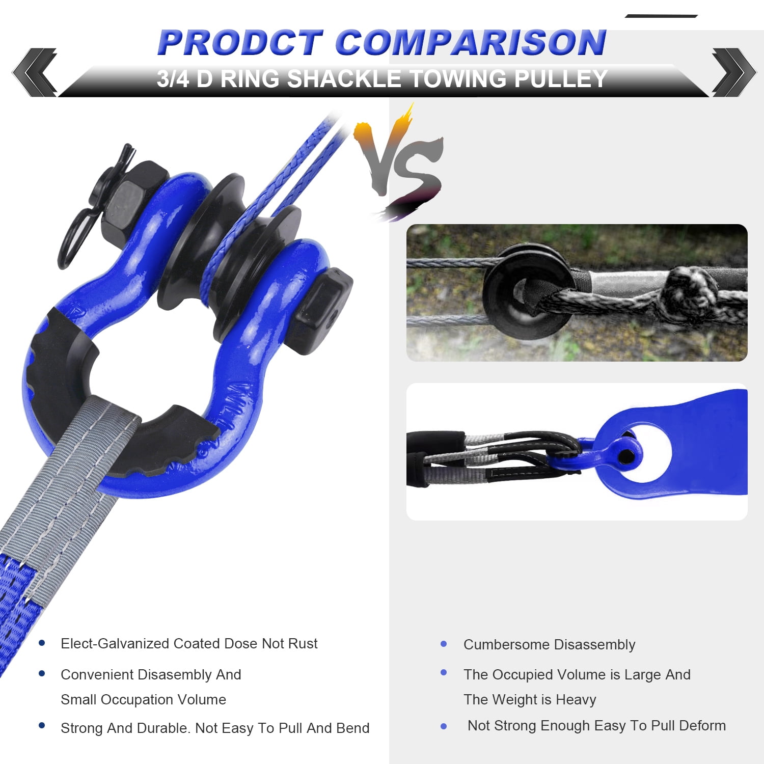 AMBULL Upgraded Snatch Block, 3/4" D Ring Shackle (2 Pack) 22,000lb Break Strength with Towing Pulley, Heavy Duty Offroad Recovery Accessory for Truck, Tractor, ATV & UTV - Blue