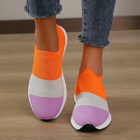 

Women‘s Casual Sneakers Flying Woven Color-block Slip-on Shoes Breathable Lightweight
