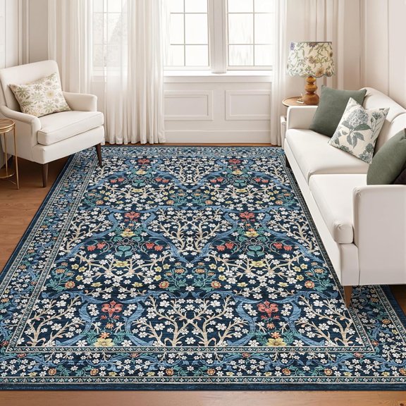 8x10 Vintage Floral Area Rug, Non Slip Washable Low Pile Stain Resistant Living Room Bedroom Carpet,blue