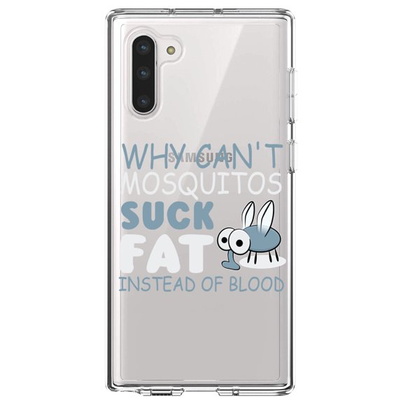 DistinctInk Clear Shockproof Hybrid Case for Samsung Galaxy Note 10 (6.3" Screen) - TPU Bumper Acrylic Back Tempered Glass Screen Protector - Why Can't Mosquitos Suck Fat Instead of Blood