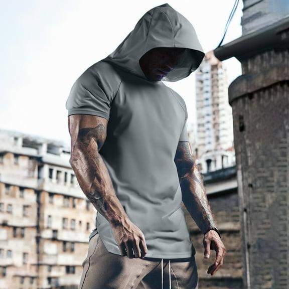 Mens Workout Hoodie Short Sleeve Athletic Shirt With Hood Sports Tank Tops (Grey XL)